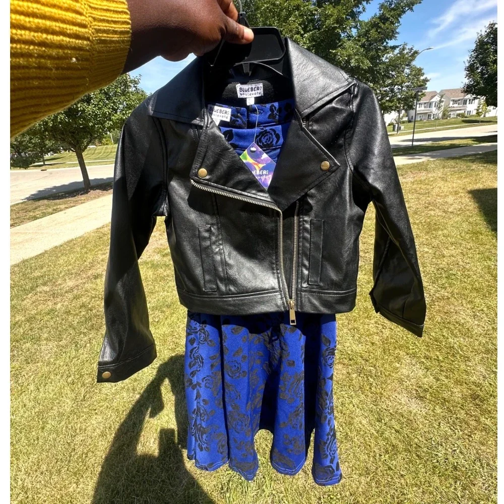 Blueberi‎ Boulevard Girls Faux Leather Moto Jacket And Floral Dress Set Size 10